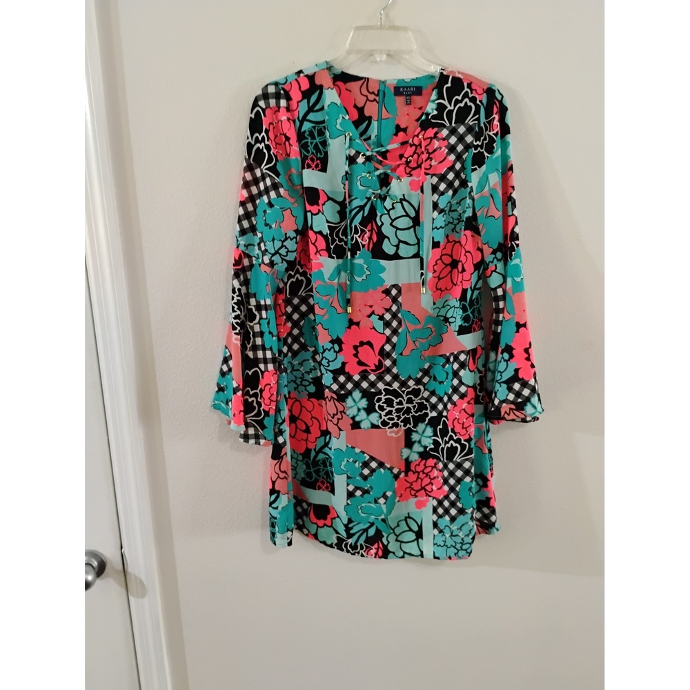 Kaari Blue Floral Gingham Lace Up Bell Sleeve Shift Dress XS